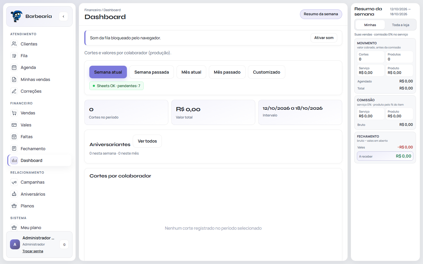 Painel do Dashboard em Tempo Real do Sistema Barbearia